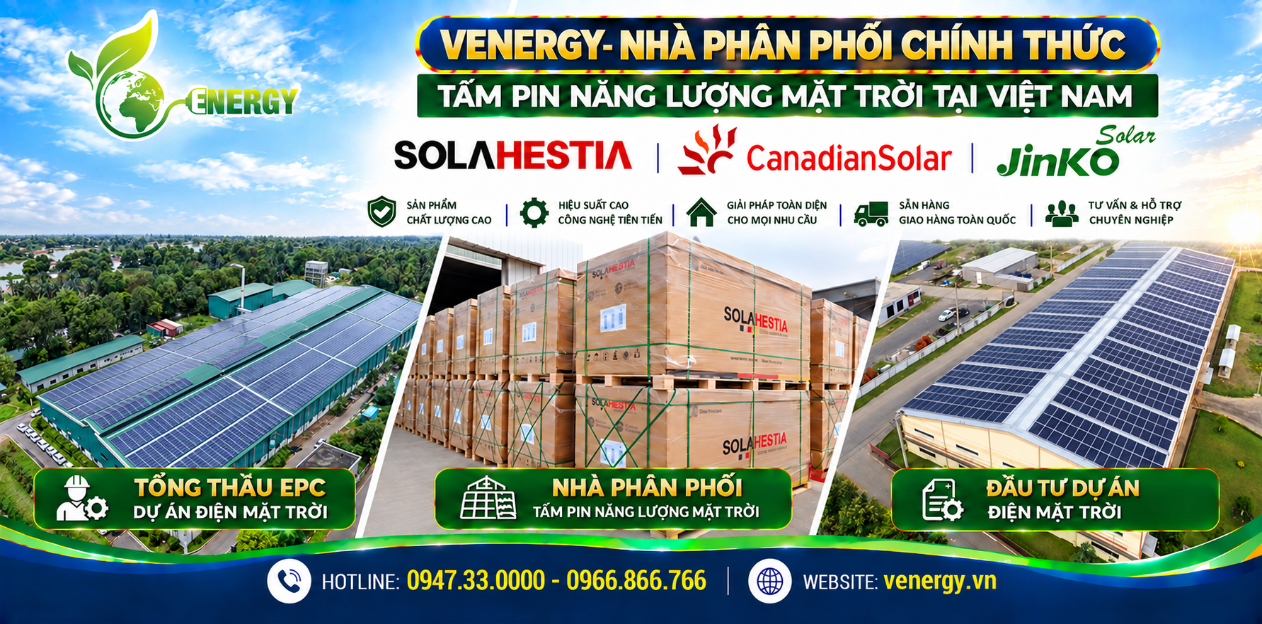 VENERGY phân phối tấm pin năng lượng mặt trời hãng Hestia, Canadian, Jinko